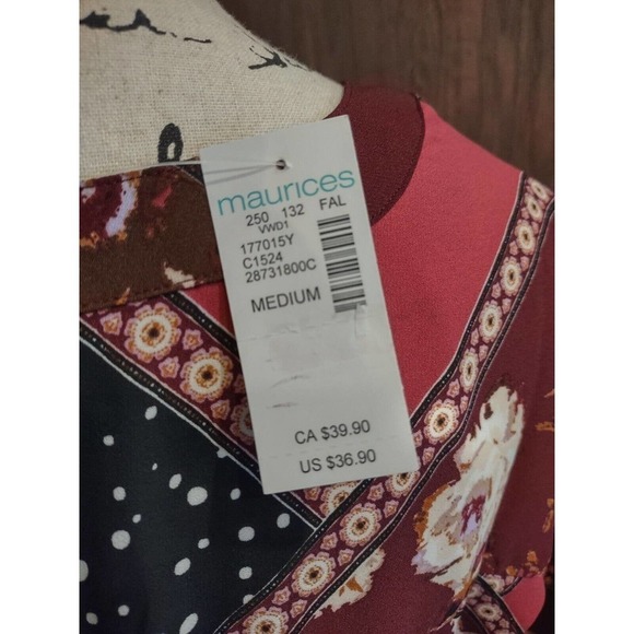 Maurices Fall Medium Brown Maroon Patchwork Floral Top High-Low Hem Career NEW - Picture 3 of 5